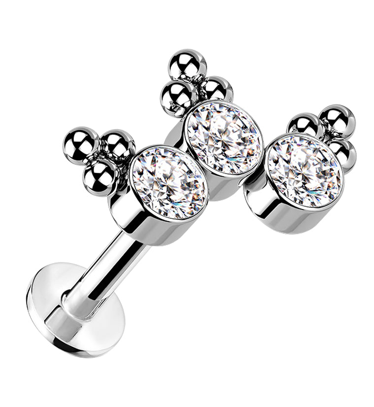 Triple Beaded Clear CZ Curve Titanium Threadless Cartilage Barbell