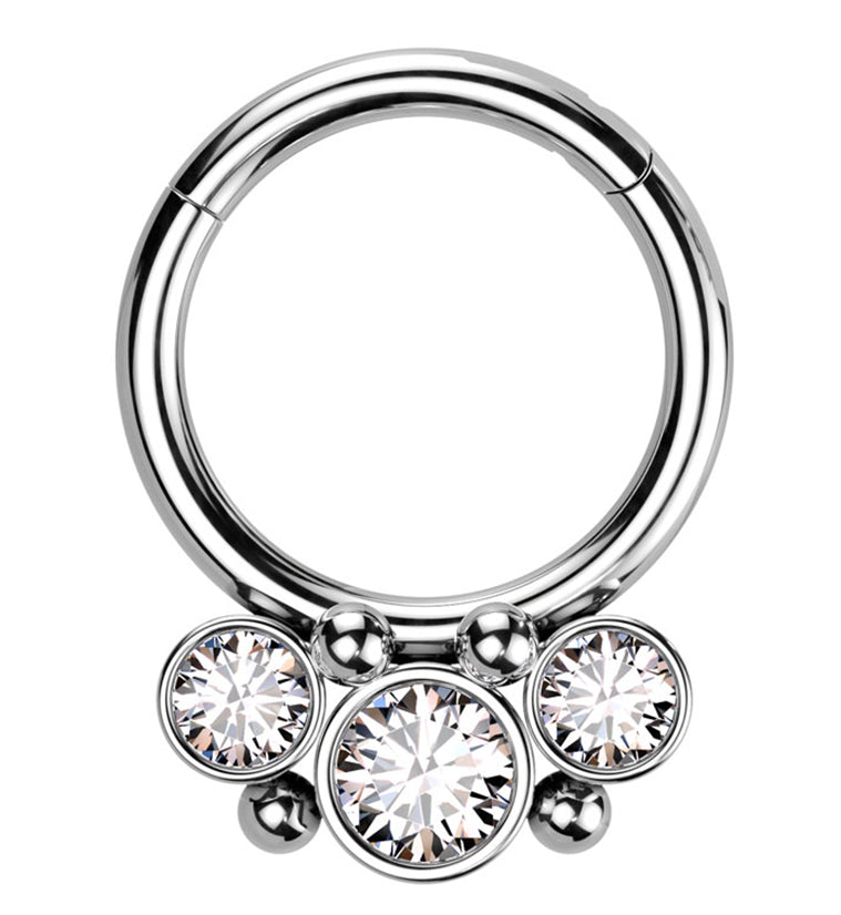 Triple Beaded Clear CZ Stainless Steel Hinged Segment Ring