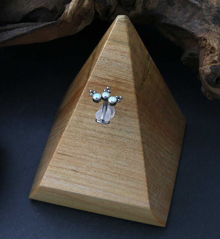 Triple Beaded Rainbow Aurora CZ Titanium Threadless Floating Belly Button Ring (Convex Disk)