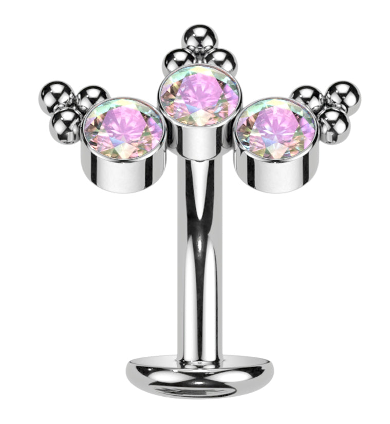 Triple Beaded Rainbow Aurora CZ Titanium Threadless Floating Belly Button Ring (Convex Disk)