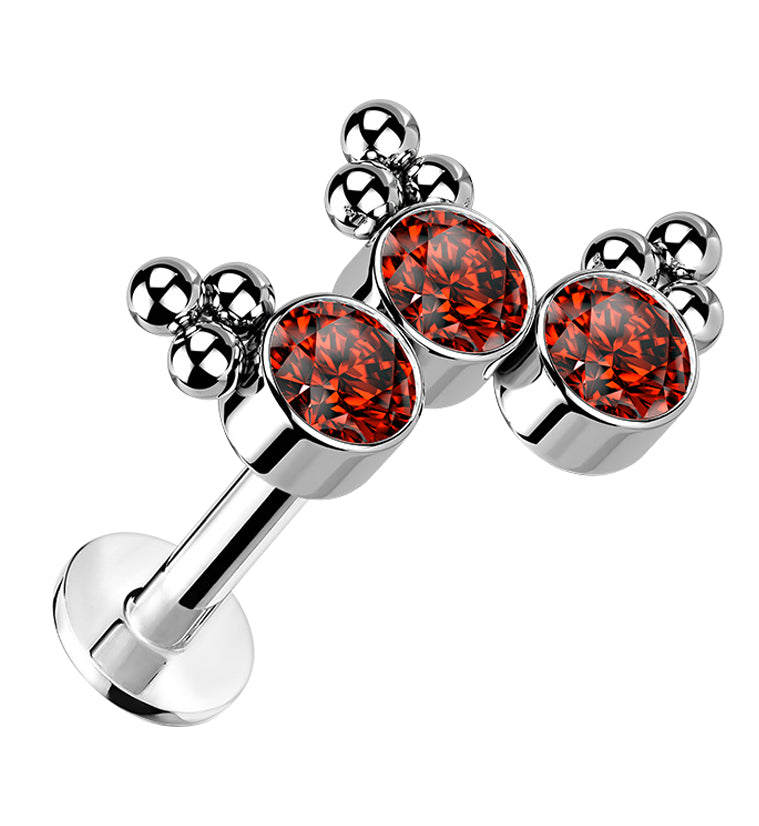 Triple Beaded Red CZ Curve Titanium Threadless Labret