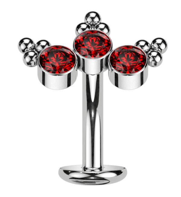 Triple Beaded Red CZ Titanium Threadless Floating Belly Button Ring (Convex Disk)
