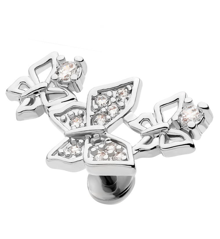 Triple Butterfly Outline CZ Stainless Steel Threadless Labret