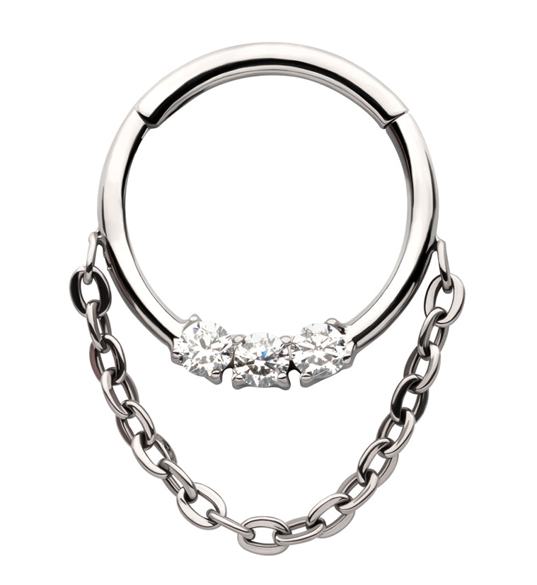 Triple Clear CZ Dangle Chain Titanium Hinged Segment Ring