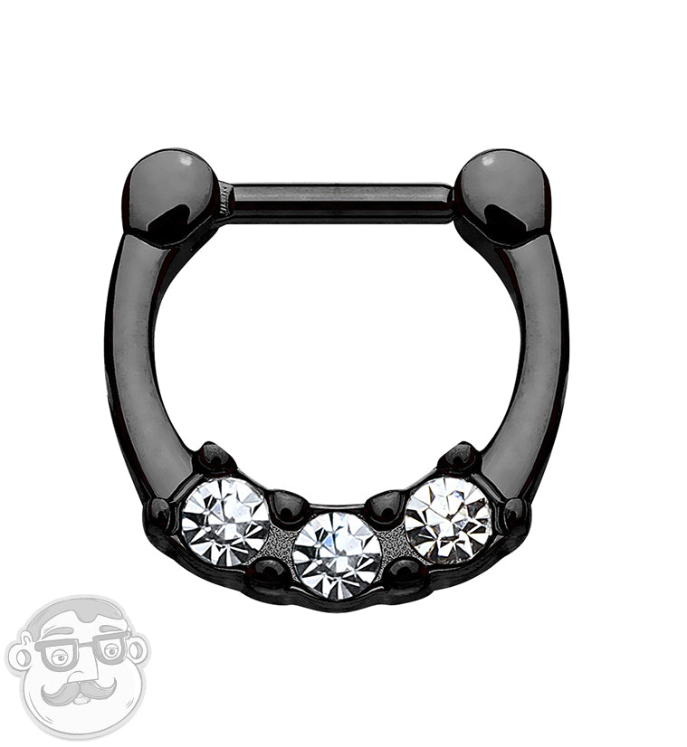 16G PVD Black Triple CZ Gem Stainless Steel Septum Clicker