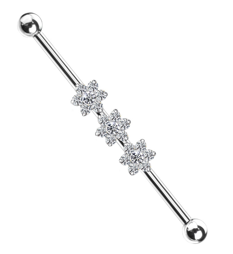 Triple Flower Clear CZ Titanium Industrial Barbell