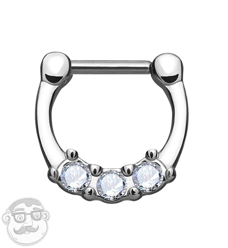16G Triple CZ Gem Stainless Steel Septum Clicker