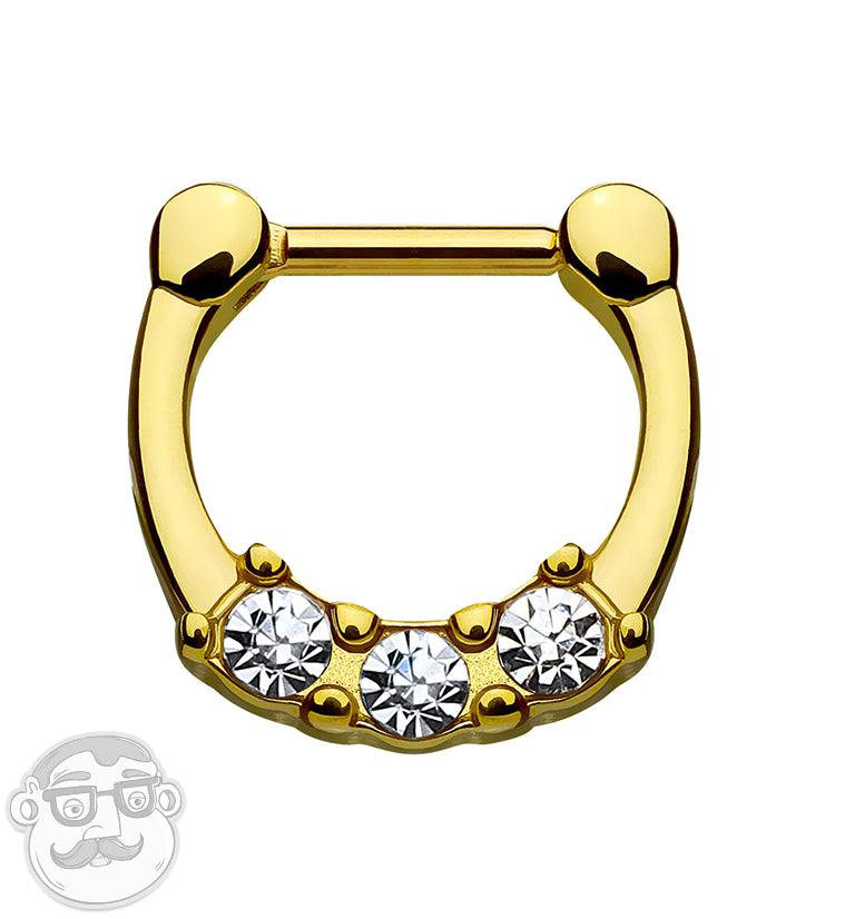 16G PVD Gold Triple CZ Gem Stainless Steel Septum Clicker