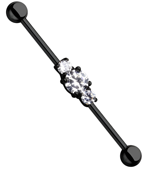 Triple CZ Gem Black PVD Industrial Barbell
