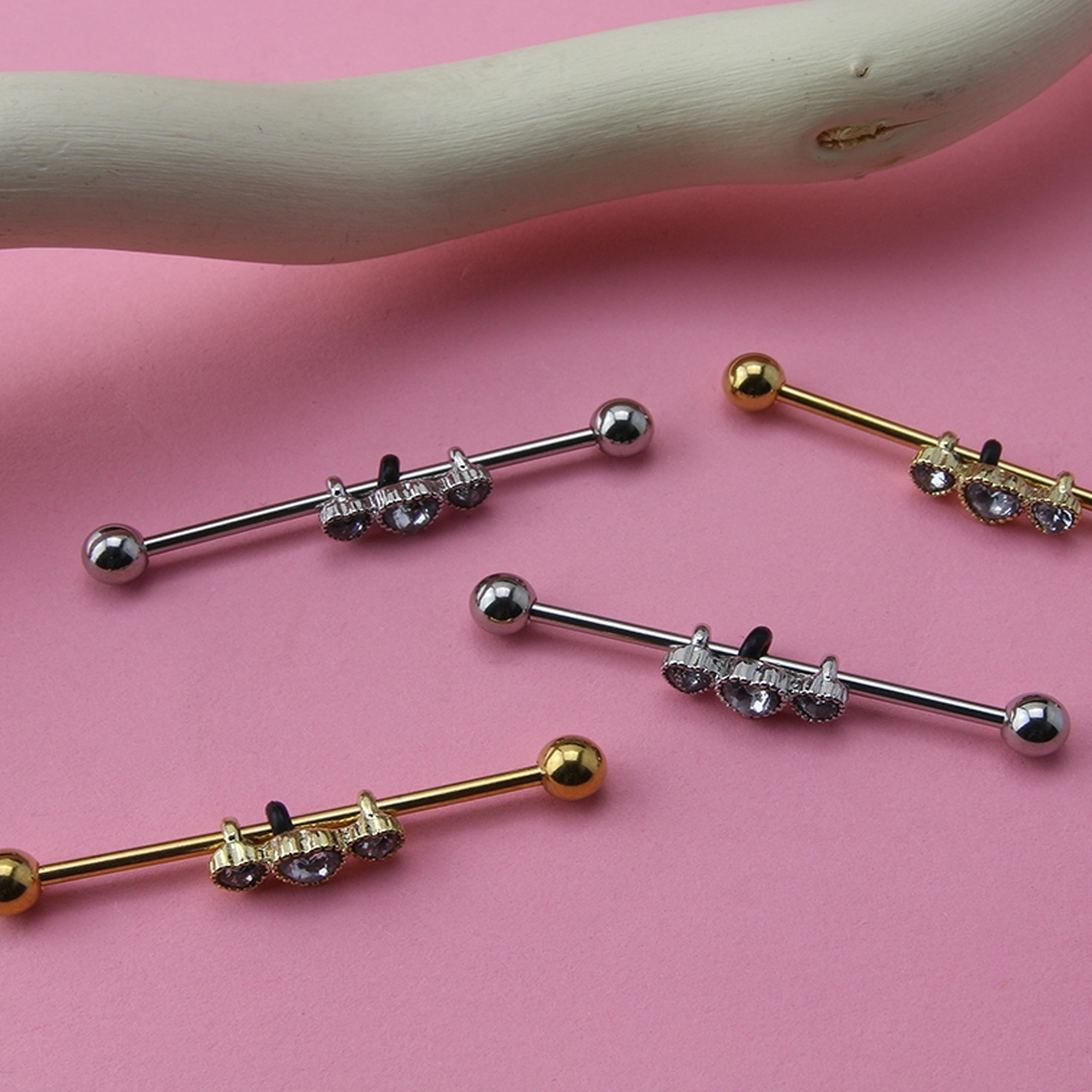 Triple Heart Gem Industrial Barbell