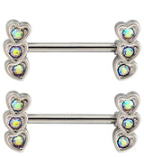 Triple Heart Rainbow Aurora CZ Stainless Steel Nipple Barbell