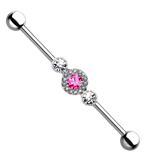 Triple Pink CZ Stainless Steel Industrial Barbell