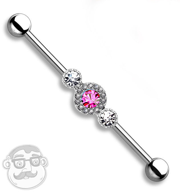 Triple Pink CZ Stainless Steel Industrial Barbell