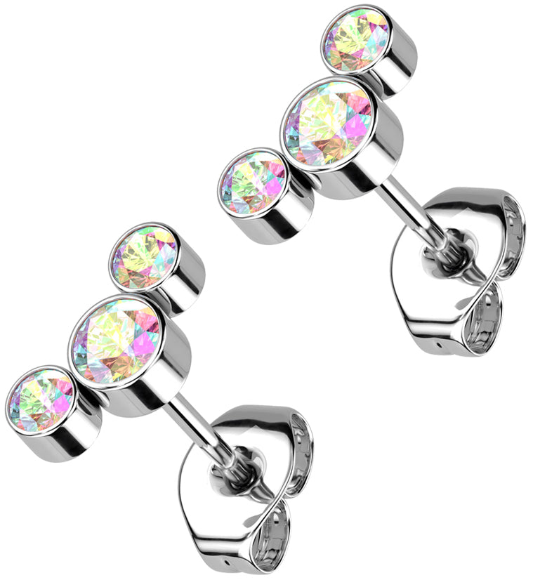 Triple Rainbow Aurora CZ Titanium Threadless Earrings