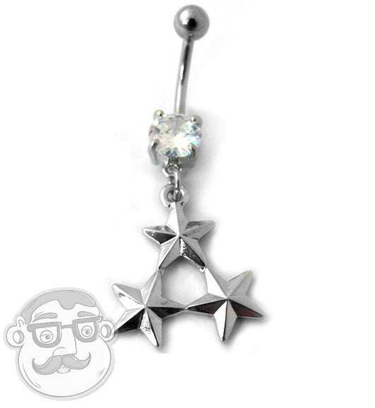 Tri Stars Clear CZ Diamond Barbell Belly Ring