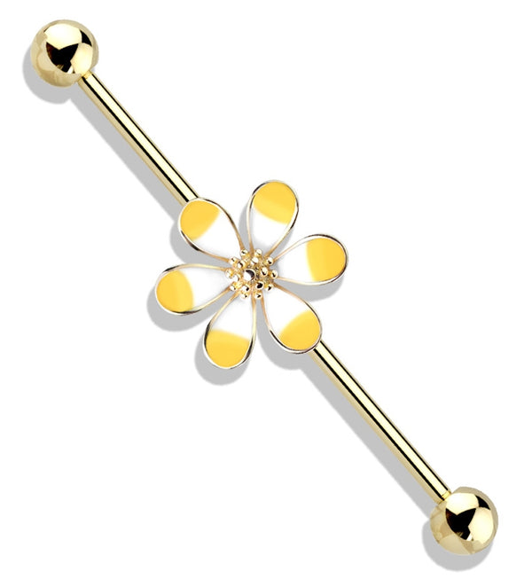 Gold PVD Yellow Plumeria Flower Industrial Barbell