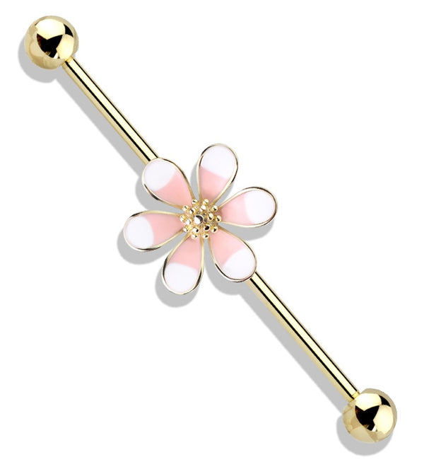 Gold PVD Pink Plumeria Flower Industrial Barbell