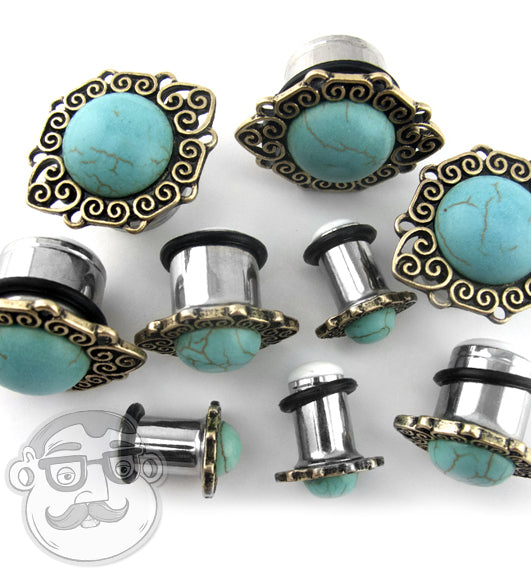 Turquiose Stone Cabochon Front Steel Plugs