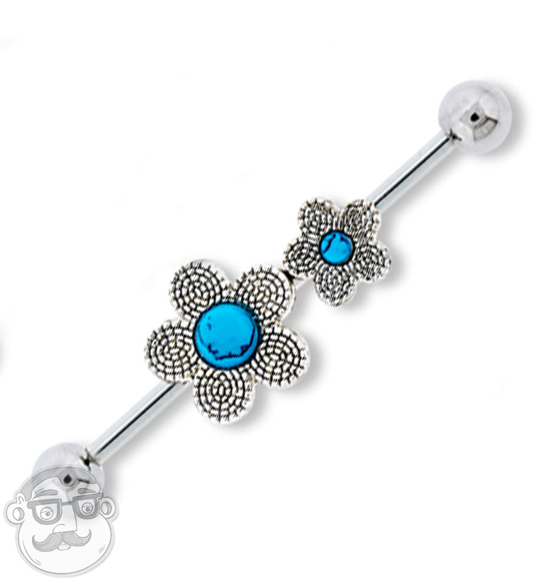 Flower with Blue Howlite Stone Industrial Barbell