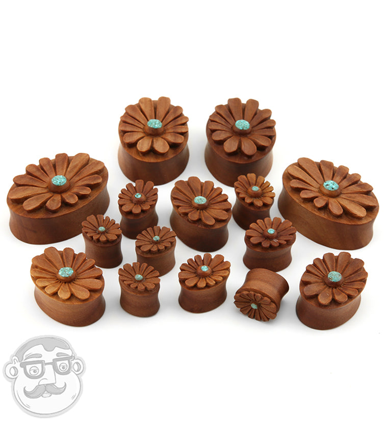 Sunflower Turquoise Inlay Oval Wood Plugs