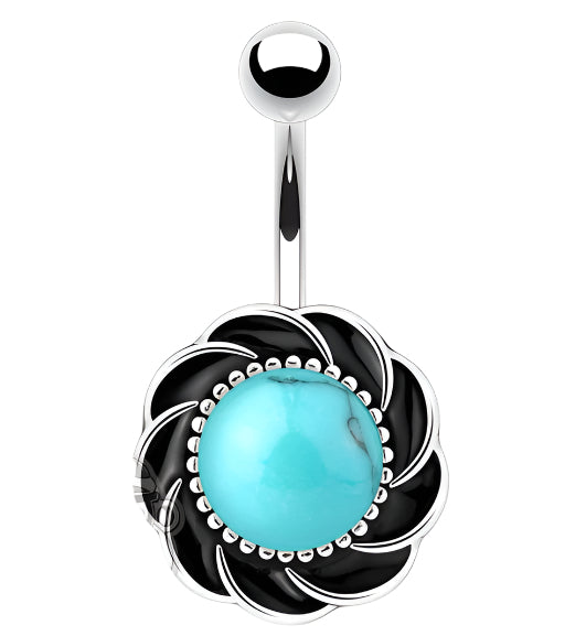 14G Turquoise Stone Flower Black Flower Belly Button Ring