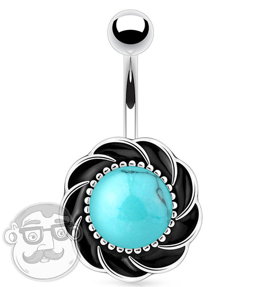14G Turquoise Stone Flower Black Flower Belly Button Ring