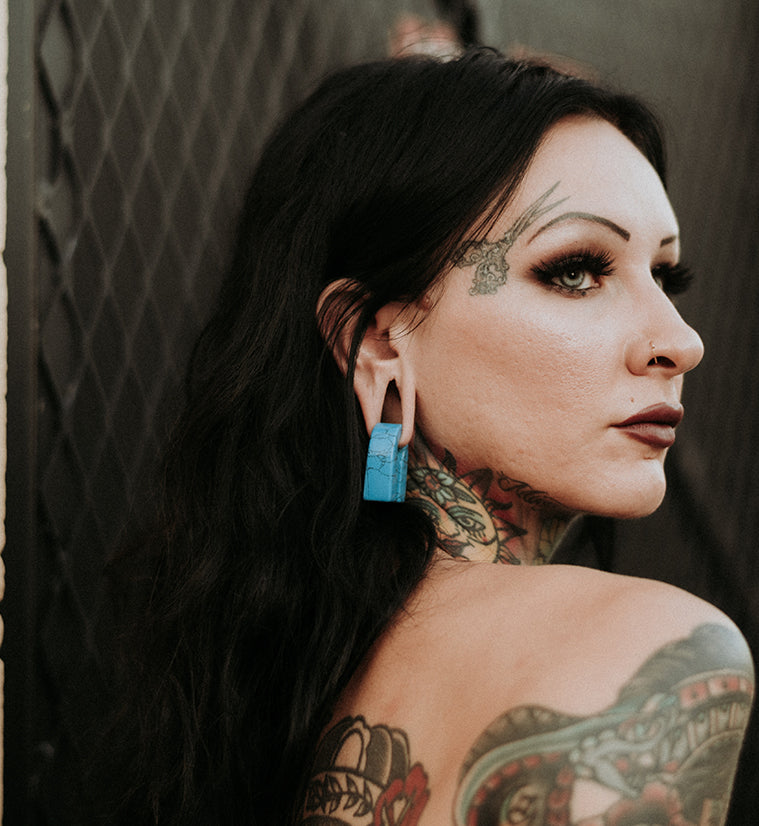 Turquoise Howlite Stone Key Square Ear Weights