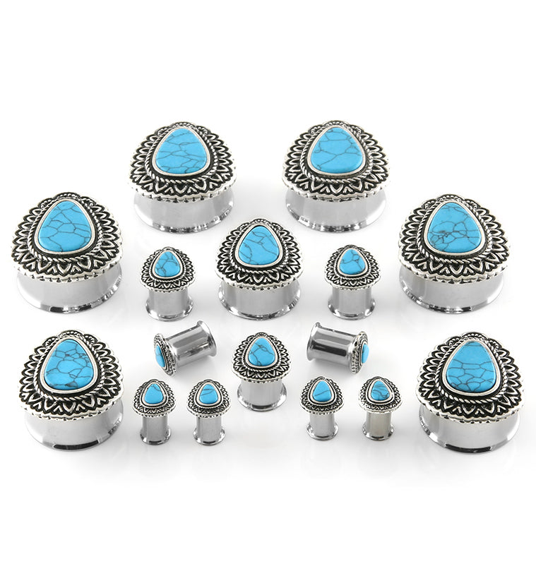 Archaic Turquoise Howlite Stone Teardrop Steel Plugs