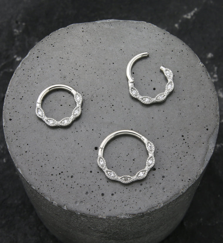 Twist Beaded Clear CZ Stainless Steel Hinged Segment Ring