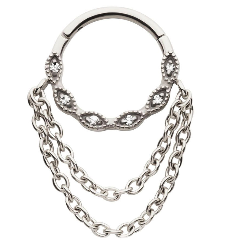 Twist Beaded CZ Double Dangle Chain Stainless Steel Hinged Segment Rin