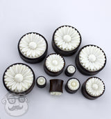 Sono Wood Plugs With Carved Bone Daisy Flower Inlay