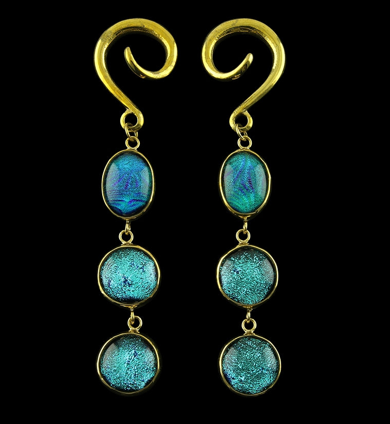 Seafoam Triple Circular Dichroic Glass Brass Ear Weights