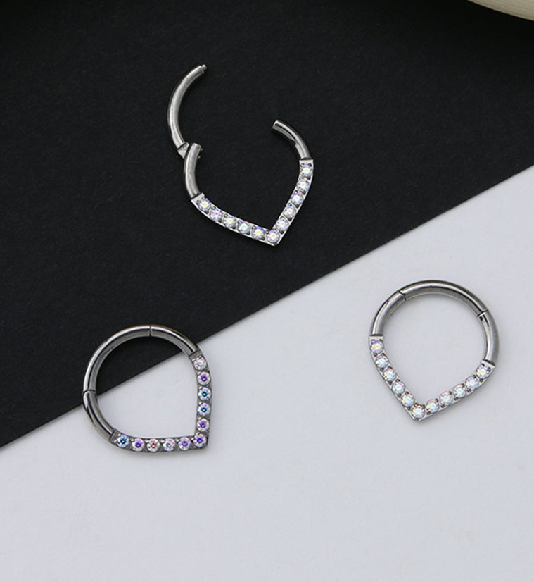 V-Shaped Aurora CZ Titanium Hinged Segment Ring