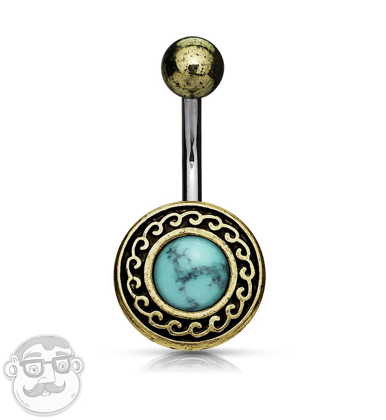 Vintage Braid Shield with Turquoise Howlite Stone Inlay Belly Ring