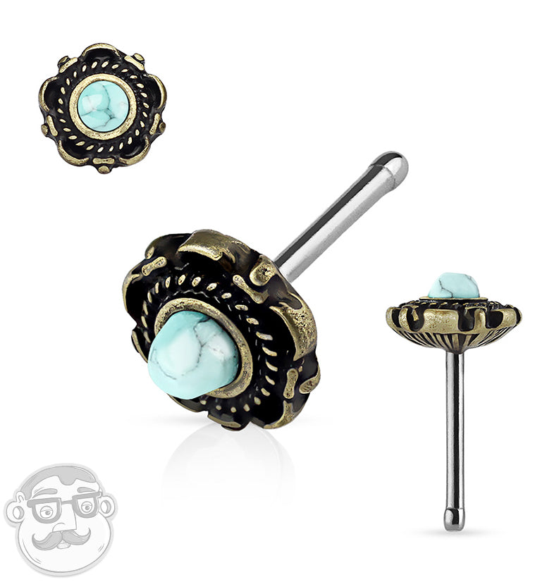 20G Rustic Frond Top Turquoise Stone Nose Ring Stud