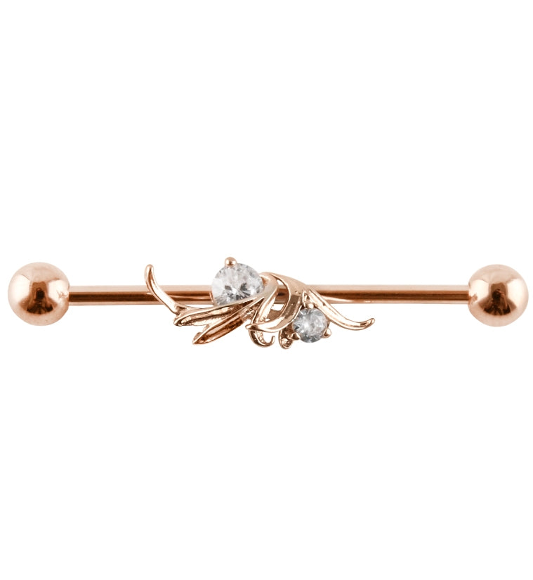 Rose Gold Wave Petal CZ Stainless Steel Industrial Barbell