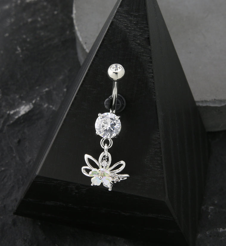 White Clover Flower Dangle Stainless Steel Belly Button Ring