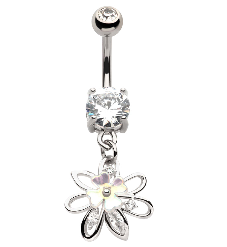 White Clover Flower Dangle Stainless Steel Belly Button Ring
