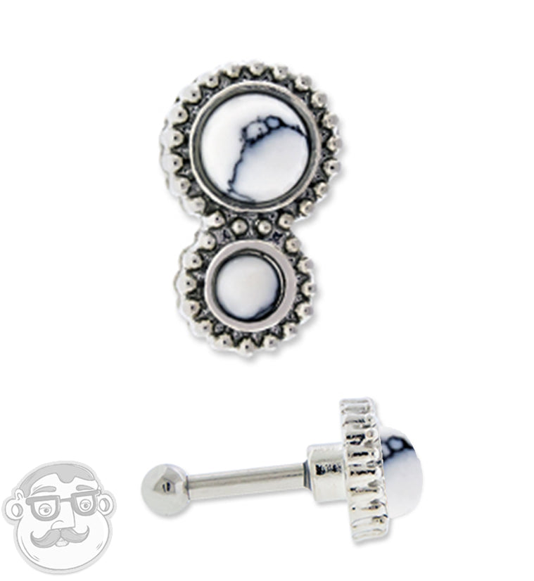 16G White Howlite Stone Double Cabochon Tragus / Cartilage Barbell