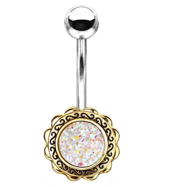 White Druzy Filigree Gold Belly Button Ring