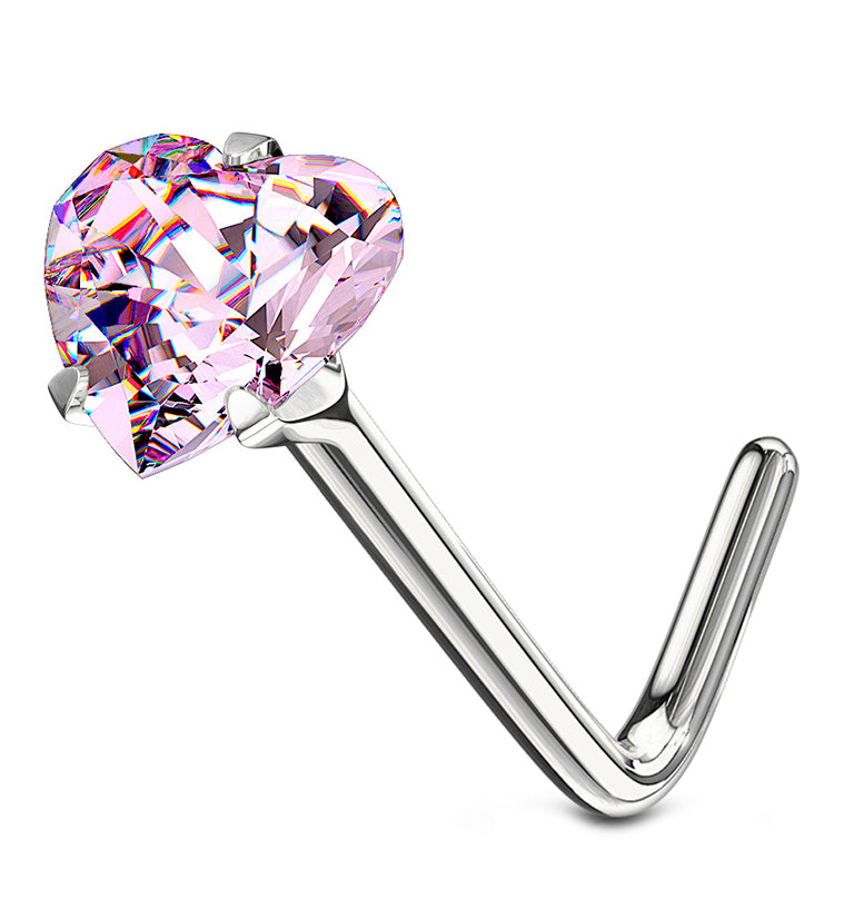 14kt White Gold Pink Heart CZ L Bend Nose Ring