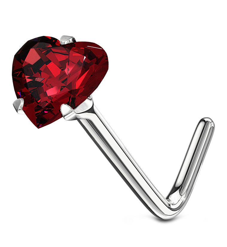 14kt White Gold Red Heart CZ L Bend Nose Ring