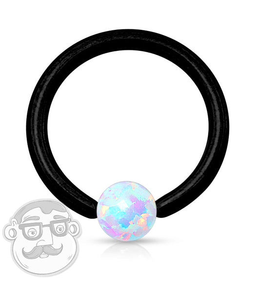 IP Black Captive Ring With White Opalite Bead