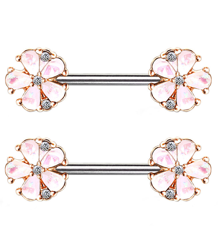 14G White Opalescent Glitter Petal Nipple Ring Barbell