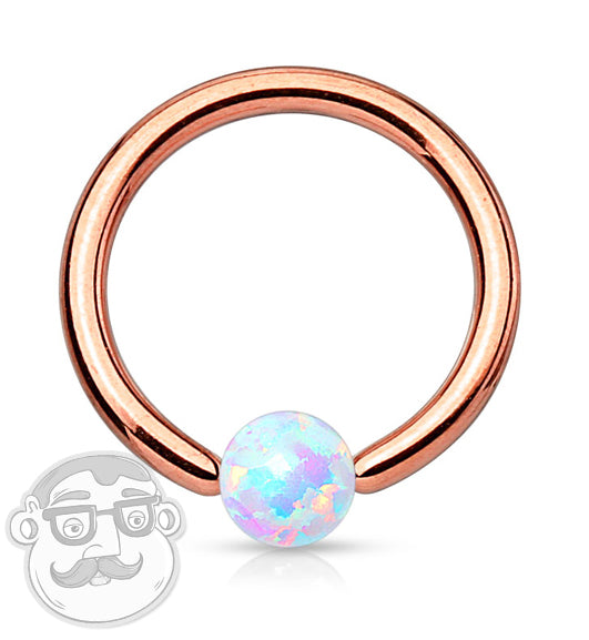 IP Rose Gold Captive Ring With White Opalite Bead