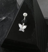 White Opalite Butterfly CZ Stainless Steel Belly Button Ring