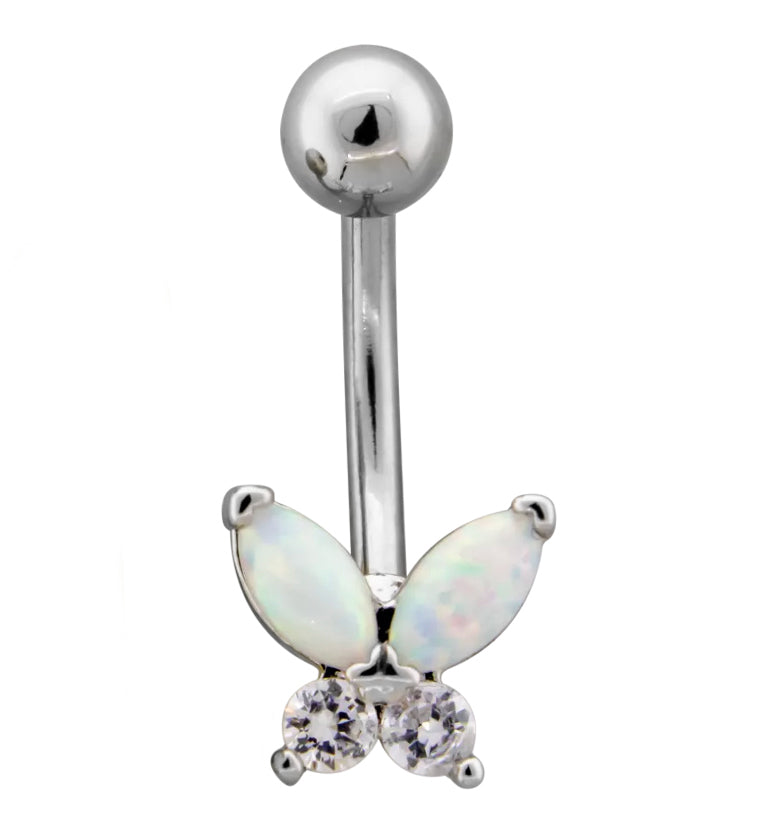 White Opalite Butterfly CZ Stainless Steel Belly Button Ring