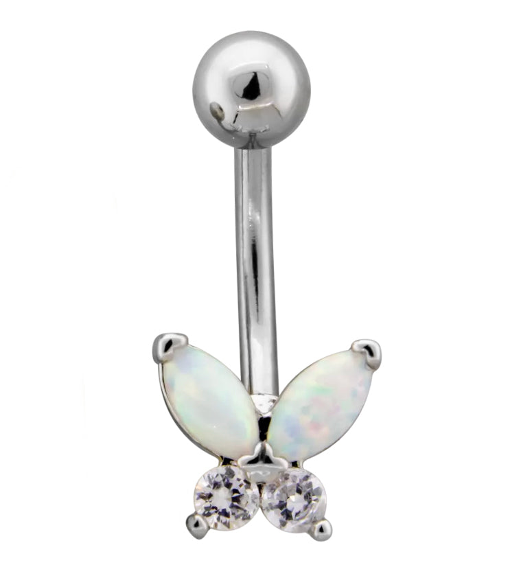 White Opalite Butterfly CZ Stainless Steel Belly Button Ring