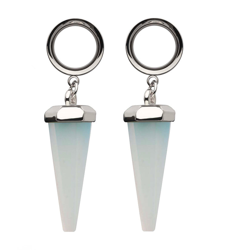 White Opalite Cone Crystal Dangle Stainless Steel Tunnel Plugs
