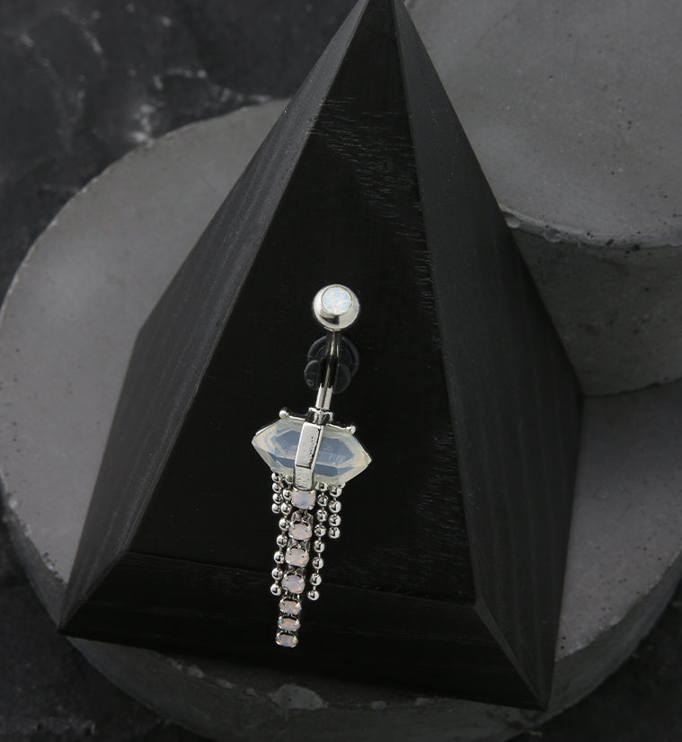 White Opalite Crystal Bead Chain Stainless Steel Belly Button Ring